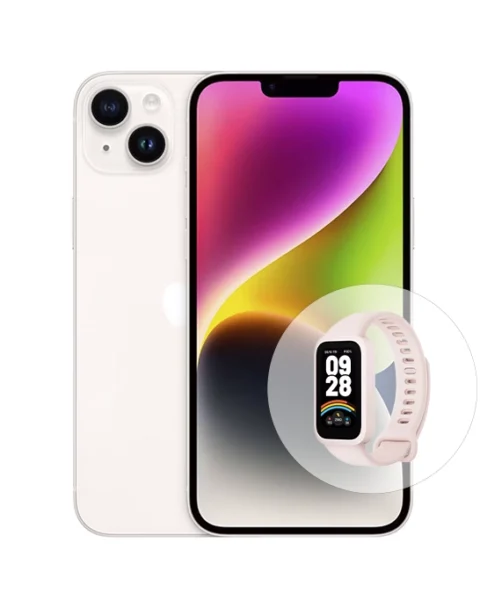 blanco iphone 14 con smart band 9 active